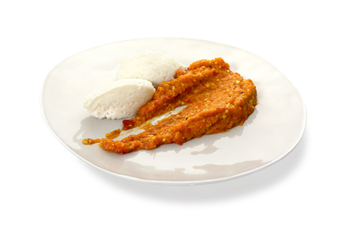 Sweet potato tikka masala with long grain rice, coarsely chopped, with chunks, flavoured with soy cream.