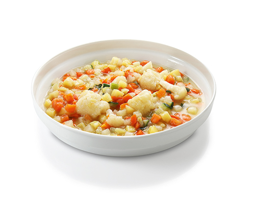 Colourful vegetable stew with potatoes, carrots, kohlrabi, swedes, cauliflower and courgettes.