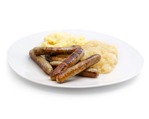 Rostbratwürstchen auf Sauerkraut, mit Kartoffelpüree.