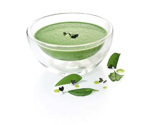 Cream of mangetout and spinach soup refined with cream and a hint of garlic.