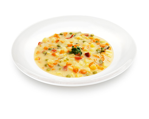 BIO Kartoffel-Gemüse-Suppe mit Paprika, Erbsen, Steckrüben, Karotten und Zucchini, leicht gewürzt.