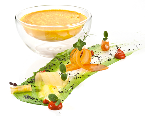 Carrot and ginger soup rounded off with coconut milk and curry.