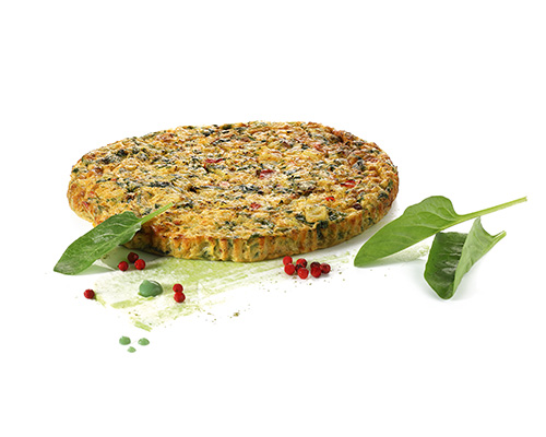 Gemüse-Tortilla nach spanischer Art mit Spinat, Paprika und Lauch, abgeschmeckt mit Chilipulver und Cayennepfeffer, ø ca. 16 cm.