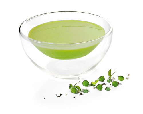 BIO Erbsenrahmsuppe aus erlesenen Erbsen, abgerundet mit Schlagsahne, leicht gewürzt.