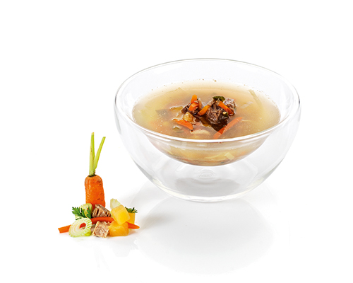 Beef bouillon with vegetable brunoise and meat, clarified.