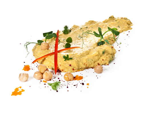 Hummus with tahina pureed chickpeas, refined with sesame paste.