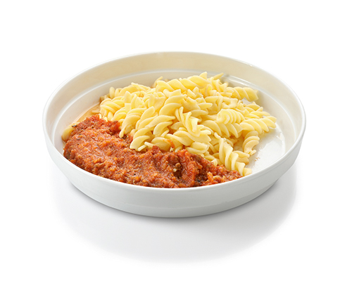 Spirelli à la Bolognaise made from beef, with celery, carrots and tomatoes.