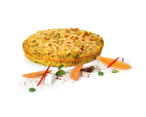 Gemüse-Frittata nach thailändischer Art mit asiatischem Gemüse und Süßkartoffeln, ø ca. 16 cm.