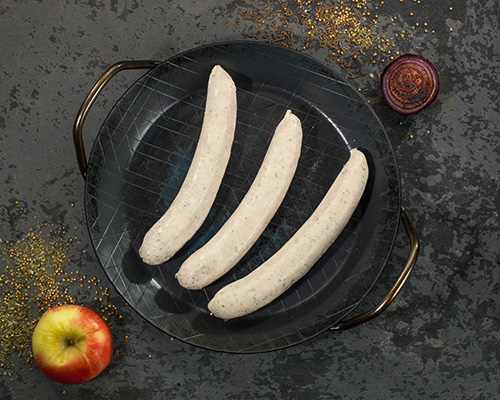 Apple and roasted onion sausage from Duroc fresh, pre-braised, vacuum-packed.