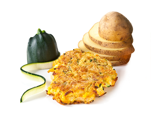 Kartoffel-Käse-Rösti mit Zucchini und Karotten, gebraten, ø ca. 8-10 cm.