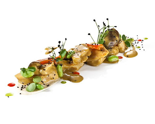 Hähnchengeschnetzeltes Asia Style mit Sesam, Mango, Shiitakes, Kokosmilch, Sojabohnen und Mungobohnen.