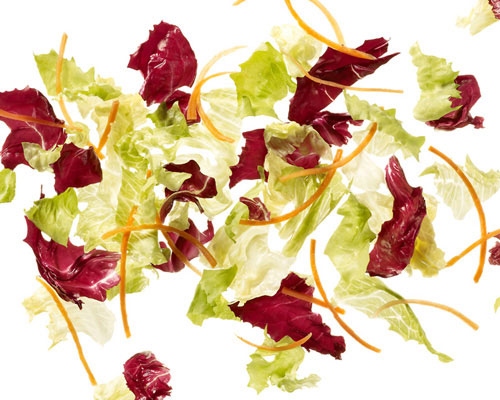 Świeży mix sałat "Donald": sałata lodowa, sałata rzymska, radicchio, marchew i lollo rosso.