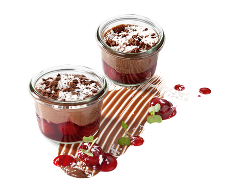 Chocolate mousse with cherry jelly refined with grated coconut, negative for small preserving jar.