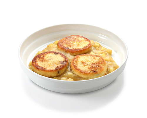 Sander's quark dumplings with apple compote Quark potato dumplings, flavoured with sultanas.