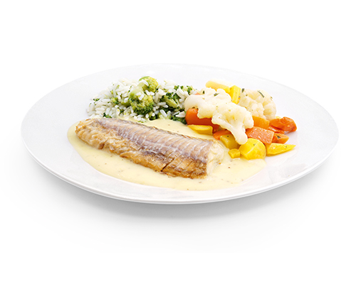 Seelachs in Dijon-Senf-Sauce, mit buntem Karottengemüse und Brokkoli-Langkornreis.