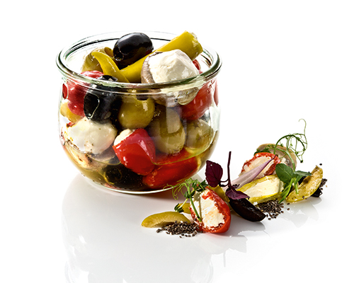 Antipasti-Mix "gefüllt" Vitapep, Peppersweet, Peperoni und Oliven mit Frischkäse gefüllt, in Rapsöl und Knoblauch.