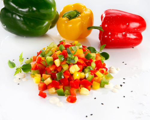 Sweet pepper mix, diced red, green and yellow peppers mixed, cut into cubes.10 mm.