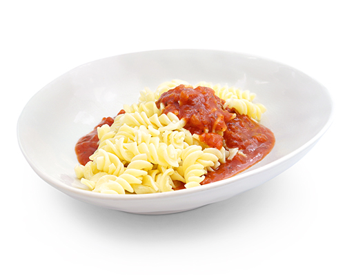 Pasta à la Napoli spirelli with spicy tomato sauce.