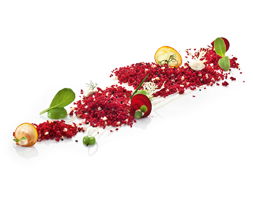Beetroot couscous refined with almonds, rounded off with black cumin.