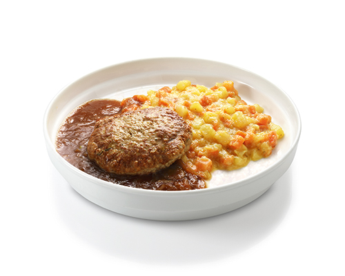Pork and beef meatball with onion sauce, served with carrot and potato vegetables.