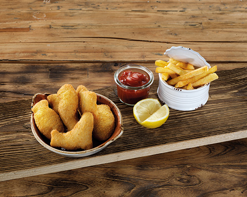 "Happy fish" pollack fish figures, pre-baked, breaded.