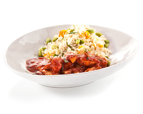 Sliced chicken Tuscany in a spicy tomato sauce, with colourful paprika rice.