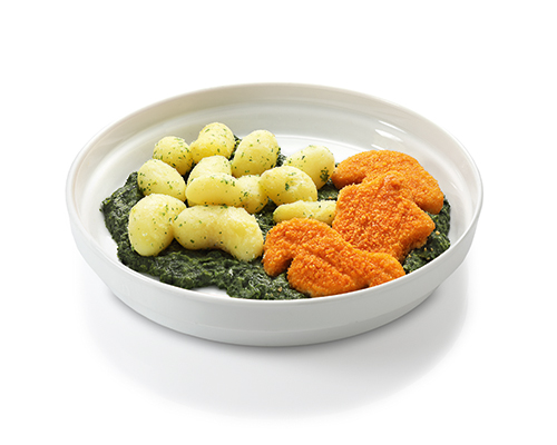 Fischfiguren mit Rahmspinat und Petersilienkartoffeln.