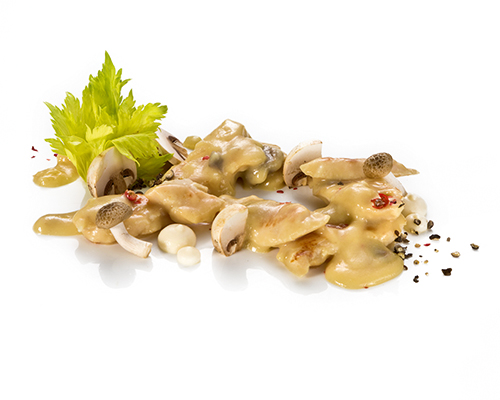 Chicken strips in mushroom cream sauce.