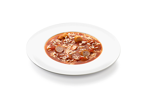 Tomatensuppe mit Reis und Geflügelwienern fruchtige Tomatensuppe, abgeschmeckt mit Basilikum und Oregano.