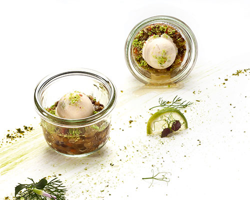 Lentils with smoked trout Praline made from smoked trout mousse, flavoured with horseradish, negative for small preserving jar.