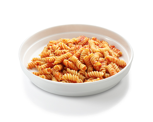 Spirelli with tomato sauce, fruity and mild, flavoured with herbs.