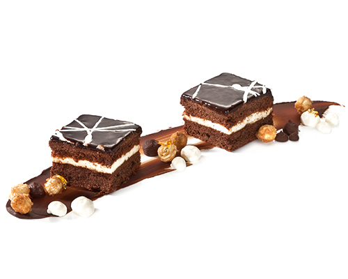 Latte macchiato slice with chocolate glaze, 4.5 x 4.5 cm.