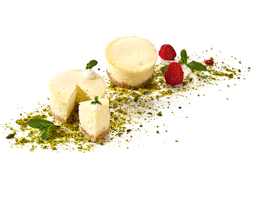 American-style cheesecake with mascarpone, vanilla flavour and lemon zest, on a crispy base of butter and crumble, ø 5 cm.