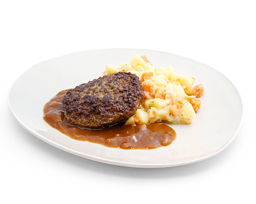 Omas Frikadelle in Zwiebelsauce, mit Karotten-Kartoffel-Gemüse.