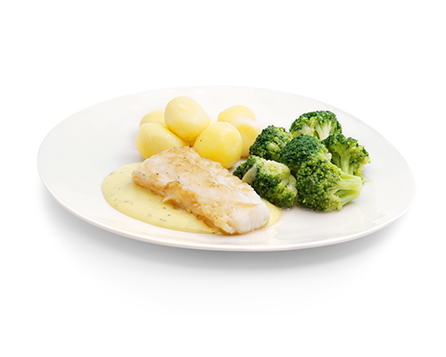Dorschfilet in Senfsauce, mit Brokkoli und Kartoffeln.