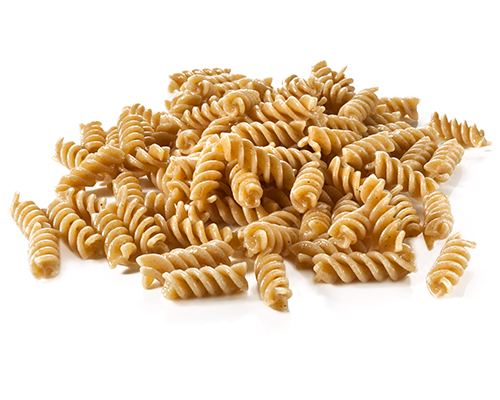 Vollkornspirelli leicht gewürzt und geölt, al dente gekocht, Al dente gekocht.