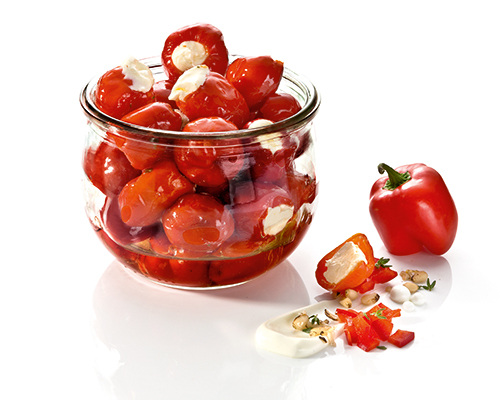 Peppadew rote Peppadew-Kirschpaprika mit Frischkäsecreme gefüllt, in Rapsöl.