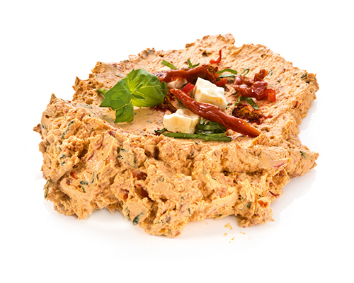 Delight "Tomato" with cream cheese preparation, yoghurt with dried tomatoes and basil.
