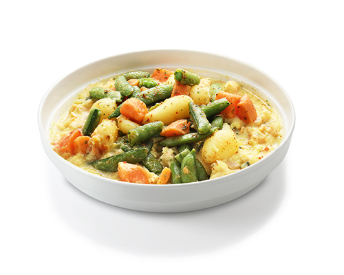 Potato and salmon pan with mangetout and sweet potatoes in a saffron and tomato sauce.