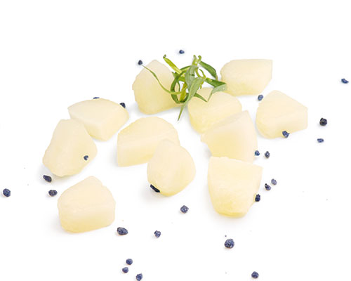 Honeydew melon cubes with stock.