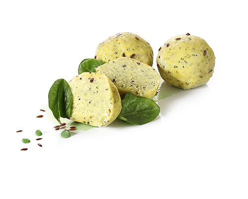 Vegan tofu dumplings with spinach, long grain rice and linseed.