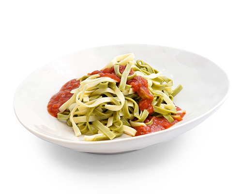 Green and white tagliatelle in a fruity tomato sauce.