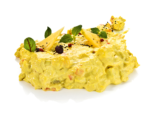 DelightSpread "Chicken-Curry" mit Hühnerbrust, Pfirsichen, Ananas und Karotten, in würziger Currycreme.