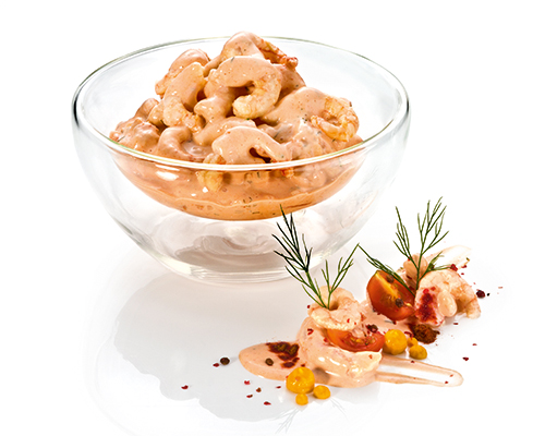 Krabbensalat Eismeergarnelen mit Dill, in feiner Cocktailsauce mit Cognac.