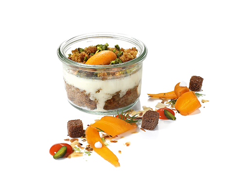 Sweet Carrot moist baked carrot sponge cake, with almonds, cream cheese and a mini carrot and marzipan topping, negative for large preserving jar.