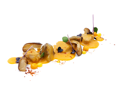 Rotes Curry vom Schweinefilet mit Mango und Shiitakes.