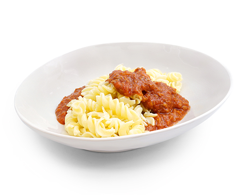 Nudeln à la Bolognaise Spirelli mit Hackfleischsauce.