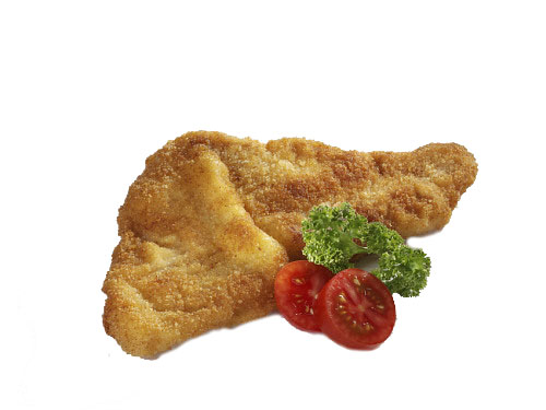 Breast of turkey escalope, breaded, fried.
