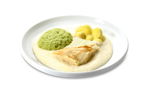 Pollack on a white sauce with savoy cabbage vegetables and potatoes, pureed and seasoned with soya cream, enriched with quark and cream.
