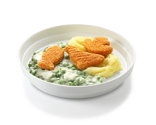Fish figures with peas in cream sauce and mashed potatoes.